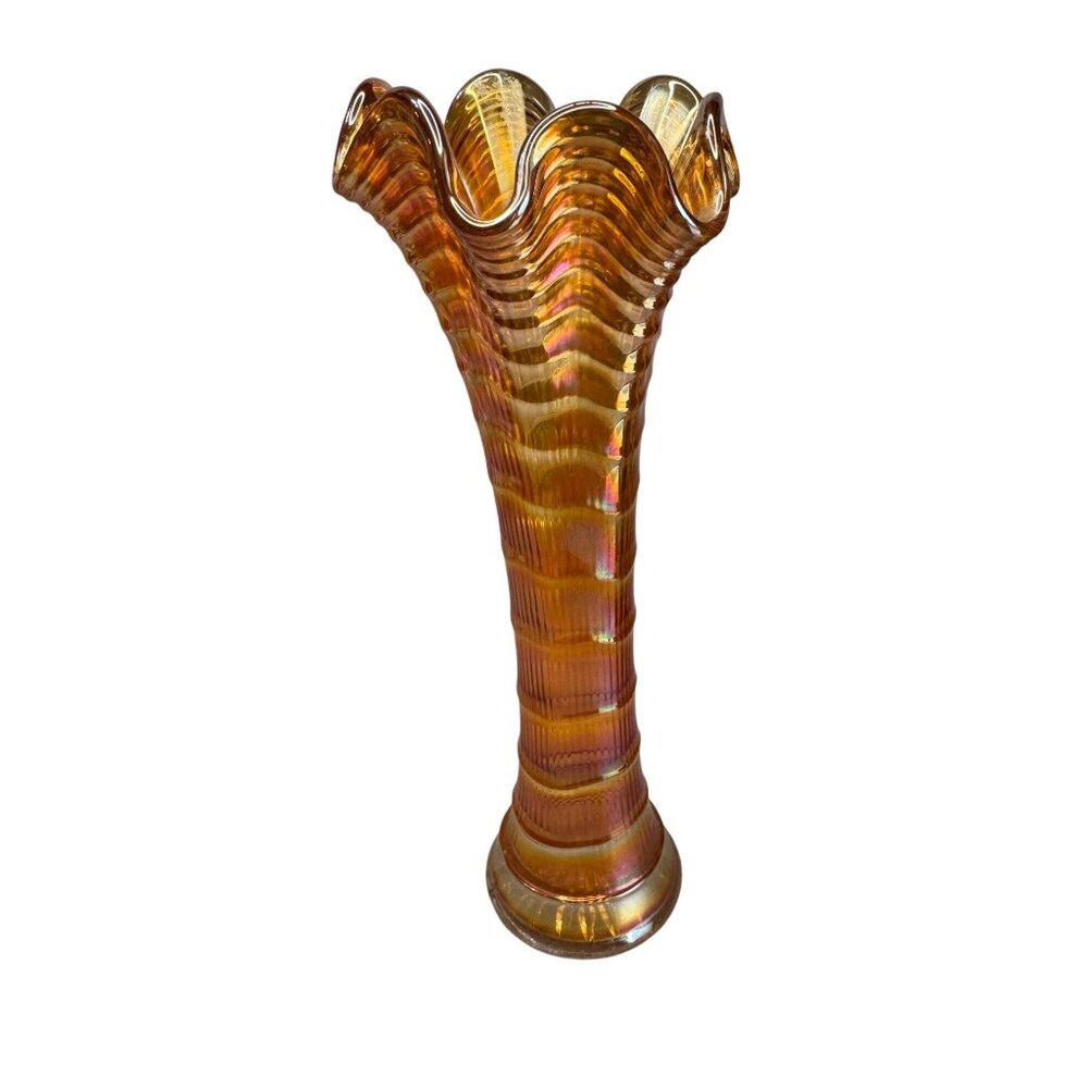 Antique Marigold Carnival Funeral Vase Ruffled Rim Glass Ribbed 10.5 Inch Tall - Picture 2 of 8